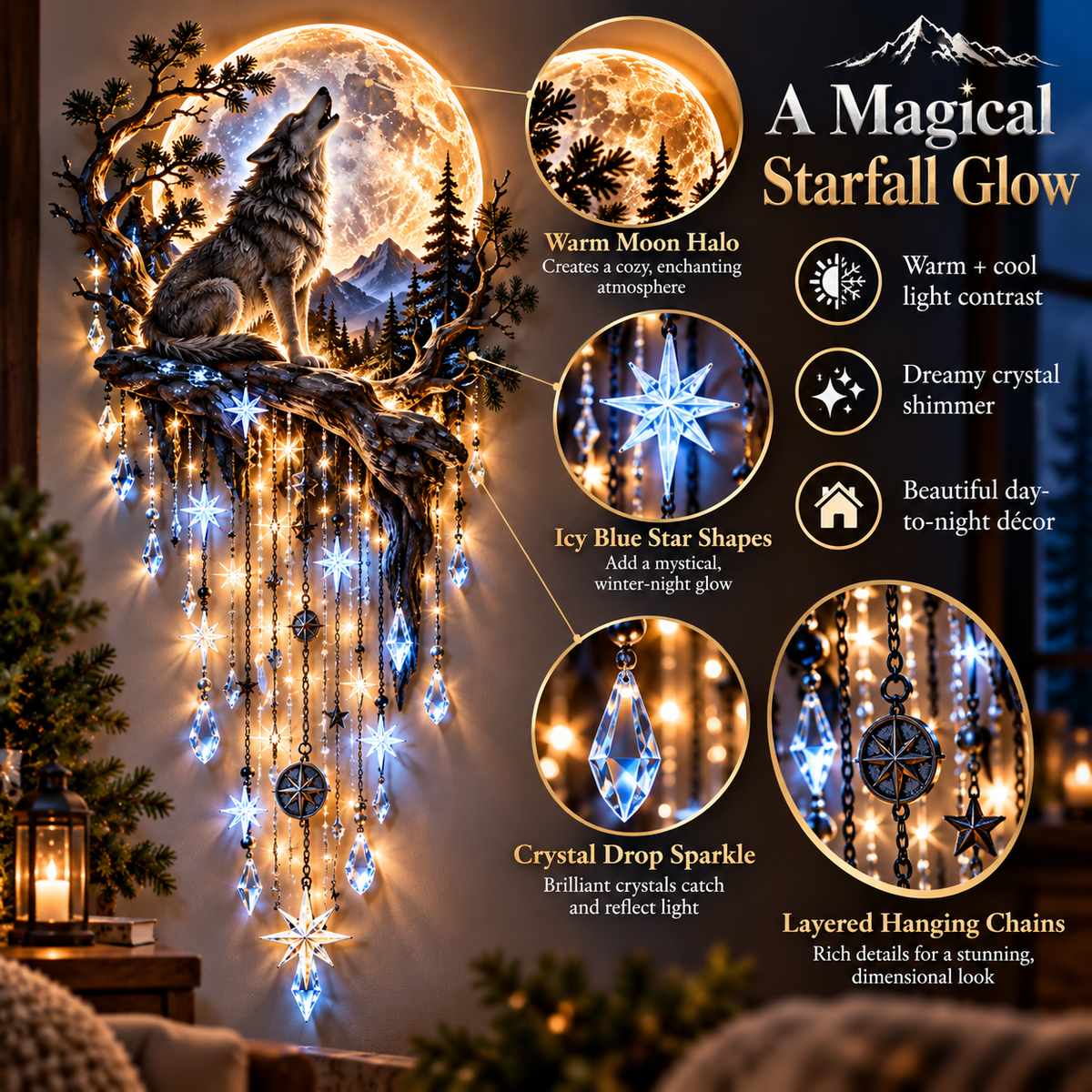 Last Day 50% OFF- Wolf Howling Moon Starfall Wall Light – Bring the Wild Home